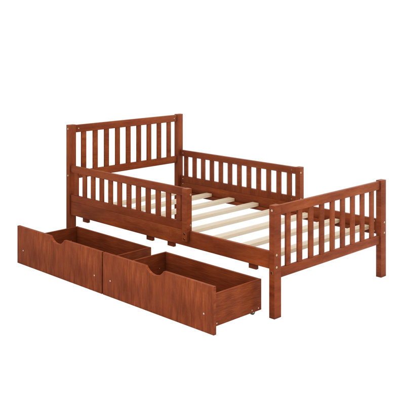 Lit plateforme en bois avec garde-corps des deux côtés et deux tiroirs de rangement, Walnut