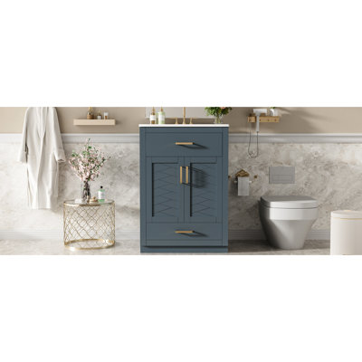 Meuble-lavabo bleu de 24 po avec lavabo intégré, armoire à 2 portes, tiroir pleine extension, rangement spacieux, assemblage facile à suivre, convient au rangement double en céramique encastré de 24 po