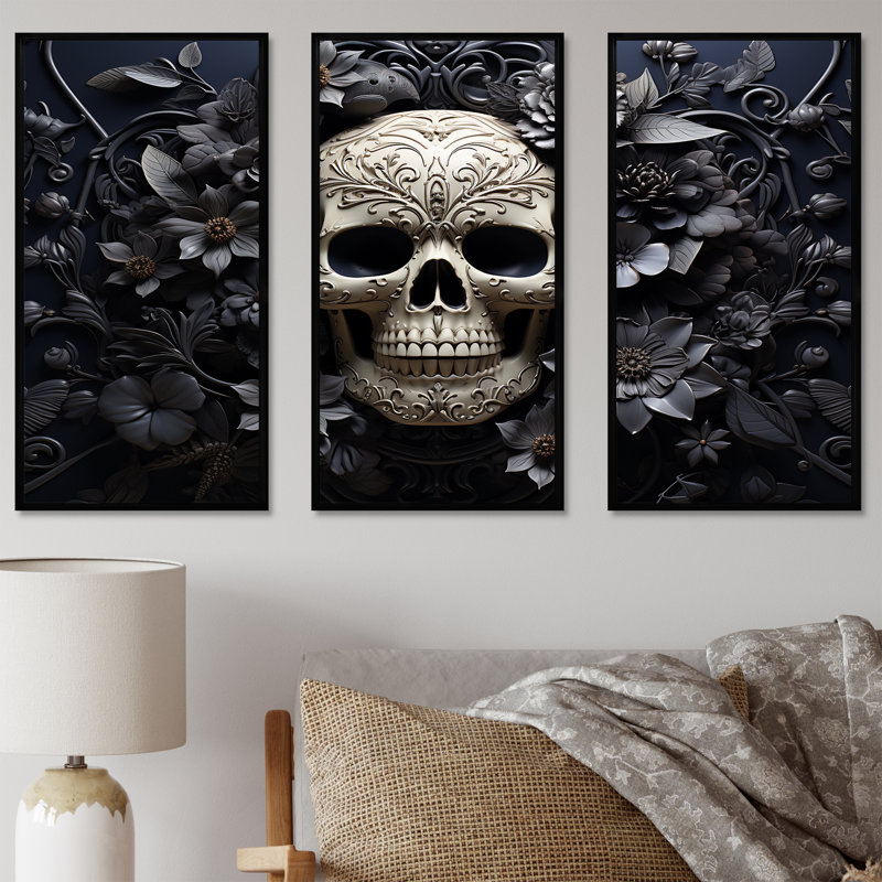 Crâne et os croisés - pirate, art mural, H 28 po x l 36 po, Cadre flottant noir
