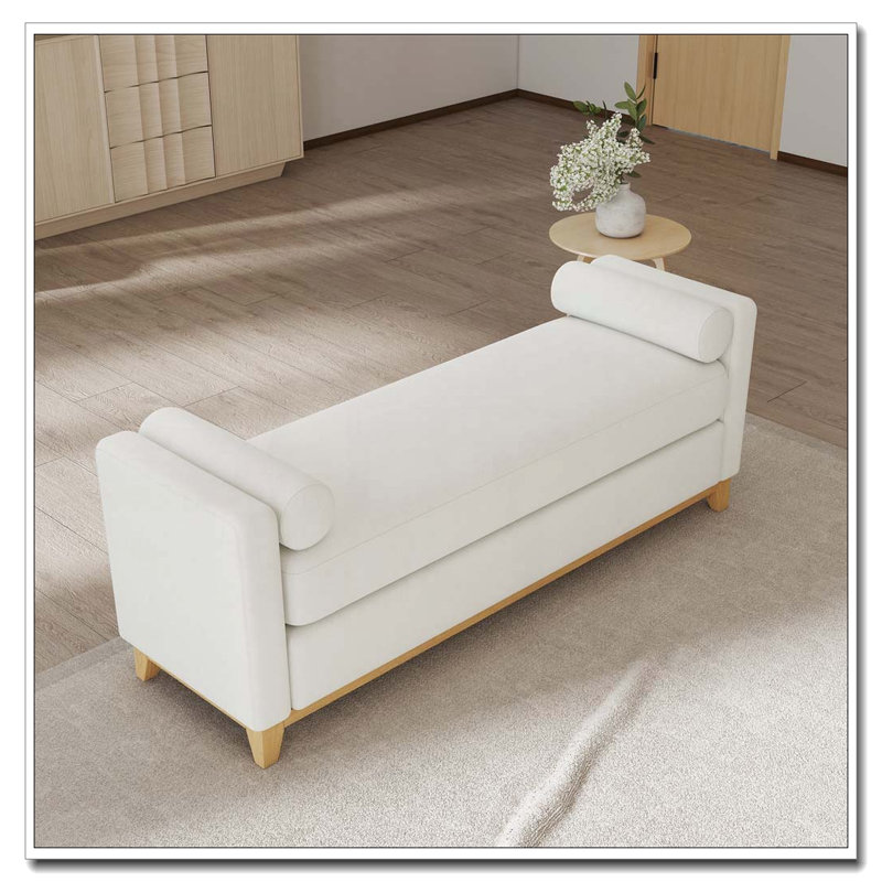 Solid Wood Upholstered Bench, 66.34 inch, Beige+Natural