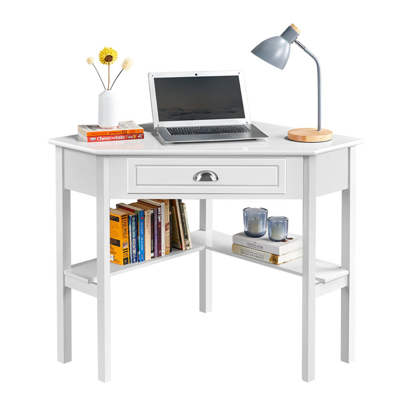 color Corner Computer Desk Home Office Writing Study Desk with Storage Drawer & Shelves, White