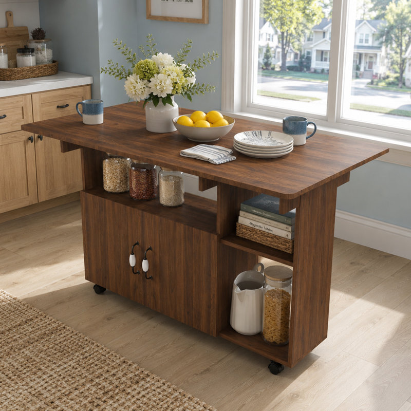 Table de cuisine moderne pour îlot de cuisine pliable avec tablettes de rangement et roulettes pour petits espaces, Noyer