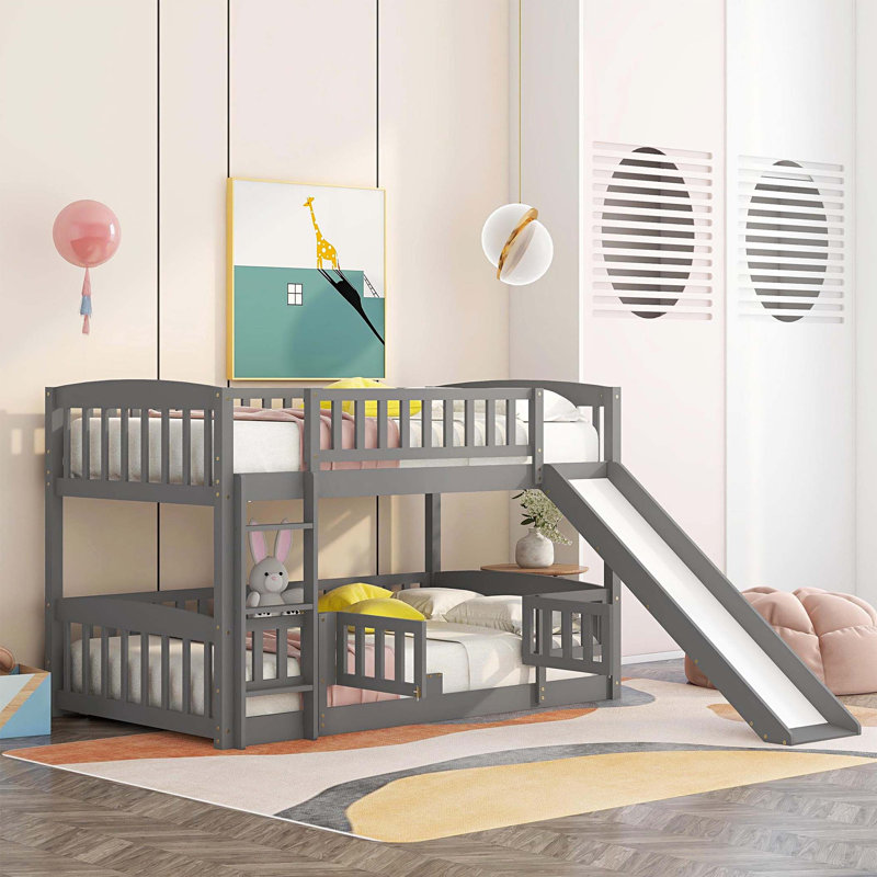 Lit superposé avec glissade, lit superposé simple au-dessus de simple avec clôture et échelle pour enfants, Gris