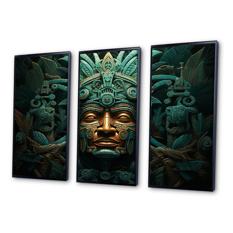 Ensemble de salon Maya Magic Aztec Mask I - art mural mexicain, H 32 po x l 48 po, Cadre flottant noir