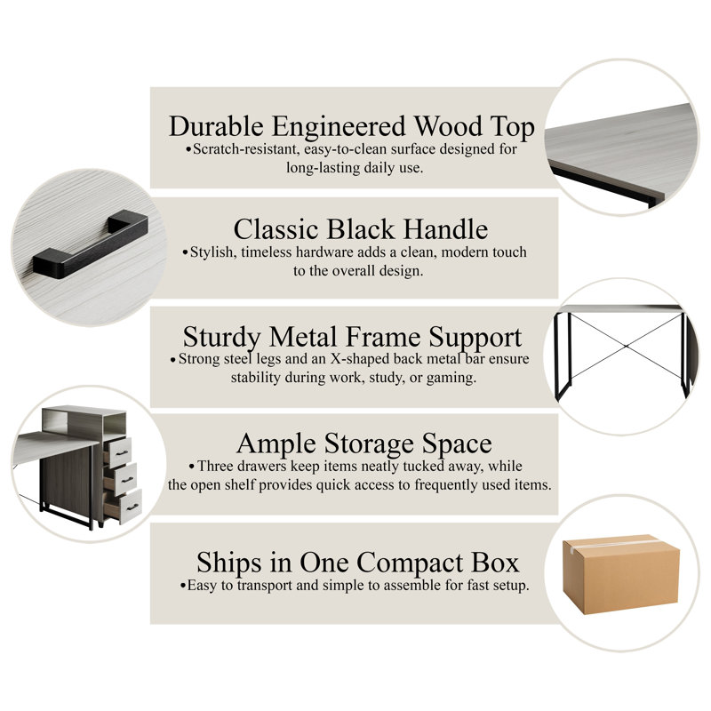 Minimalist Writing Desk with Side Cabinet – Dark Grey, Dark Gray