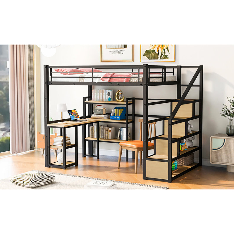 Lit mezzanine double en métal noir avec escalier et bureau / tablettes fonctionnels - construction, escalier moderne sans sommier, bureau et tablettes