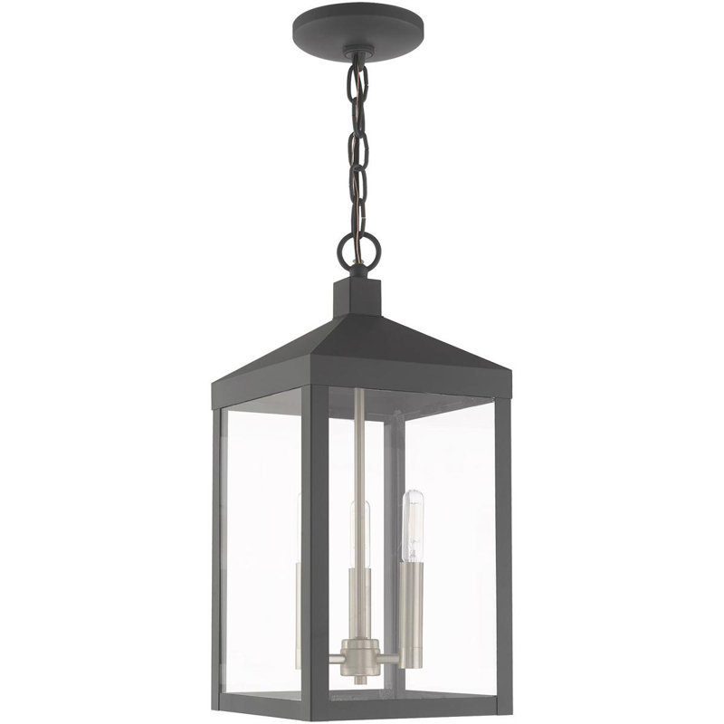 3 Light Outdoor Pendant Lantern with Clear Glass Shade, Scandinavian Gray/Nickel, 18.5" H x 8.25" W x 8.25" D