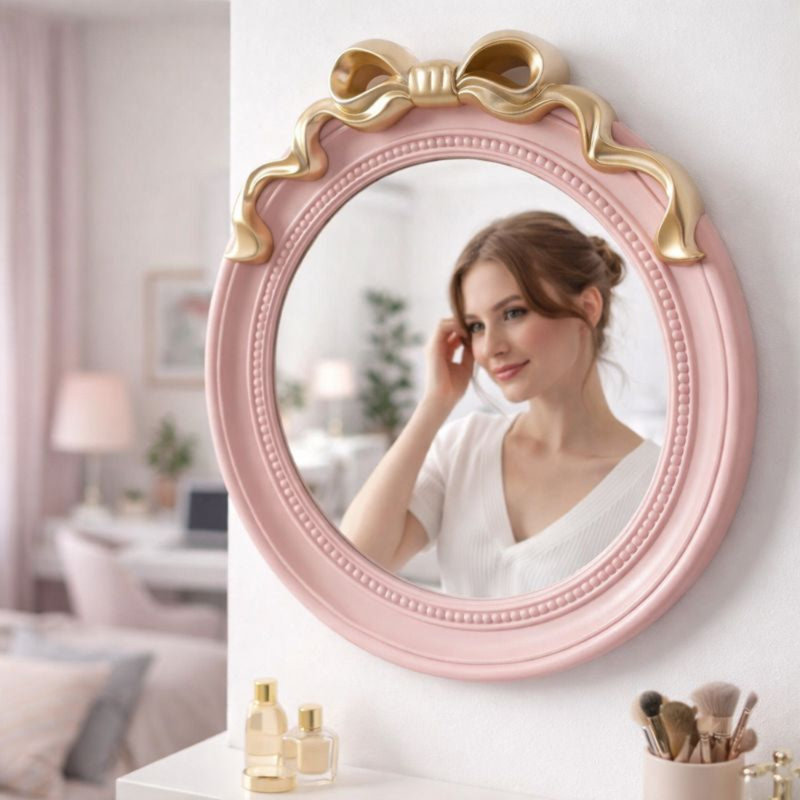 Miroir mural rond rose 18 pouces avec nœud doré, cadeaux pour elle, décor décoratif
