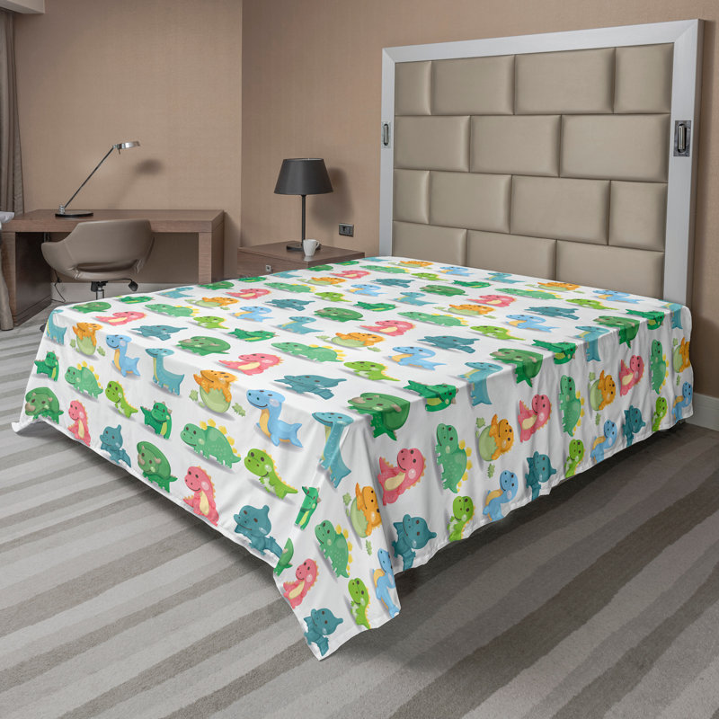 Ambesonne Jurassic Top Flat Sheet Dinosaur Wild Beast Green Turquoise Marigold, King Flat Sheet