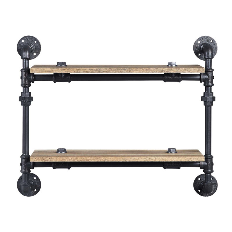 Wall Mounted 2 Tier Shelf, Oak And Metal, Sandy Black Color, Water Pipe Look, 23"L X 9"W 12" Space For Decor Storage Metal Tube, Design, Stylish Home Display