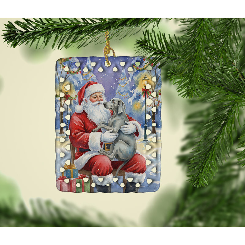 Ornement en porcelaine Weimaraner avec père Noël, Braque de Weimar