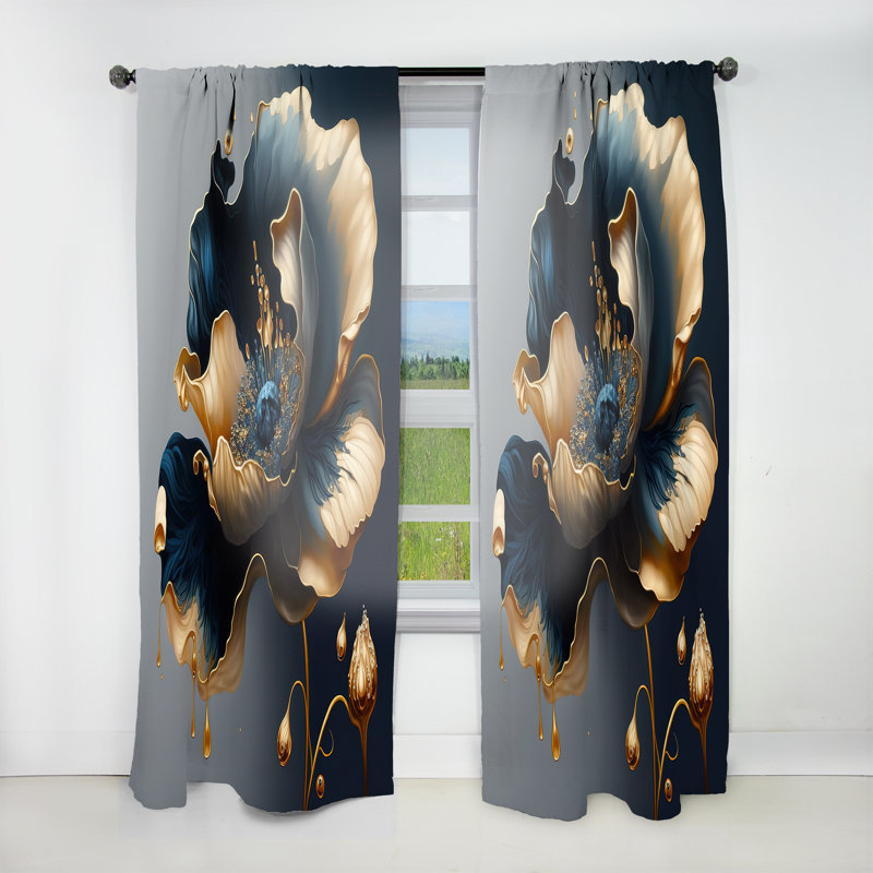 Rideau en velours fleuri bleu foncé et doré fleur simple II, L 52 po x L 90 po