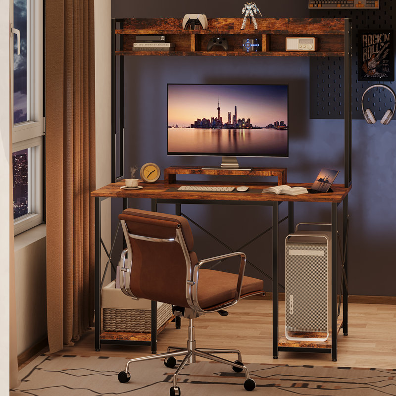 Didi 120cm W Rectangle Computer Desk with Hutch and Cabinet Home Office Desk Gaming Desk, Brown/Black