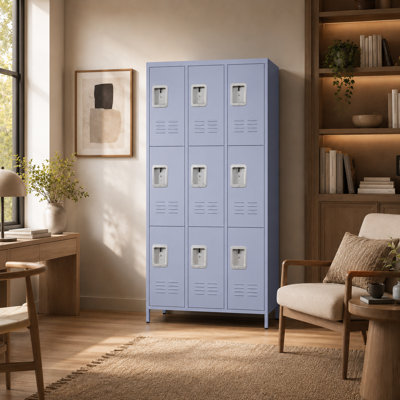72 Inch 9 Door Metal Locker with Lock, BIFMA Tested Gym Locker Storage Cabinet for Home Office School, Steel Employee Locker with Ventilated Doors, Hooks, and Wall Mount Kit