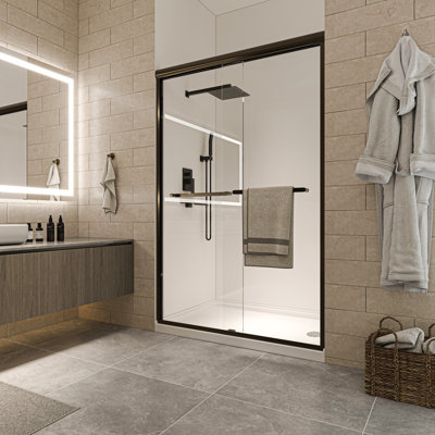 Porte de douche coulissante double encadrée, 46-48 po L x 72 po H, finition bronze huilé, verre trempé transparent, double poignée