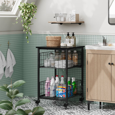 Chariot de rangement compact pour mini-réfrigérateur avec roulettes, table de refroidisseur de boissons à panier métallique à 2 niveaux, tablette de rangement compacte pour chambre de bureau