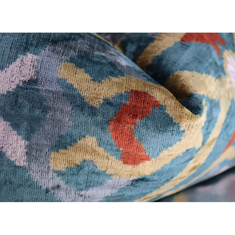 Green and Yellow Ikat Velvet Lumbar Pillow with Down Fill