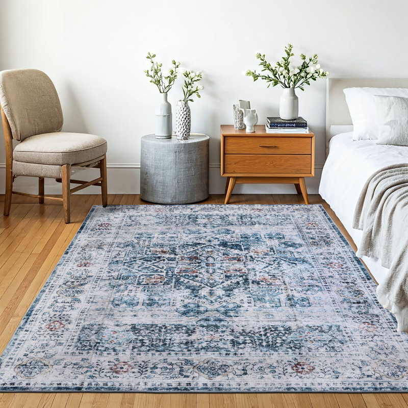 Winston Porter Blue/Coral Machine Washable Area Rug – Non-Slip, Stain Resistant, GRS Certified, for Bedroom, Living & Dining