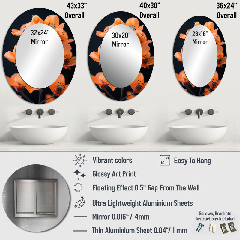 Miroir mural ovale orange et noir, 36 po x 24 po