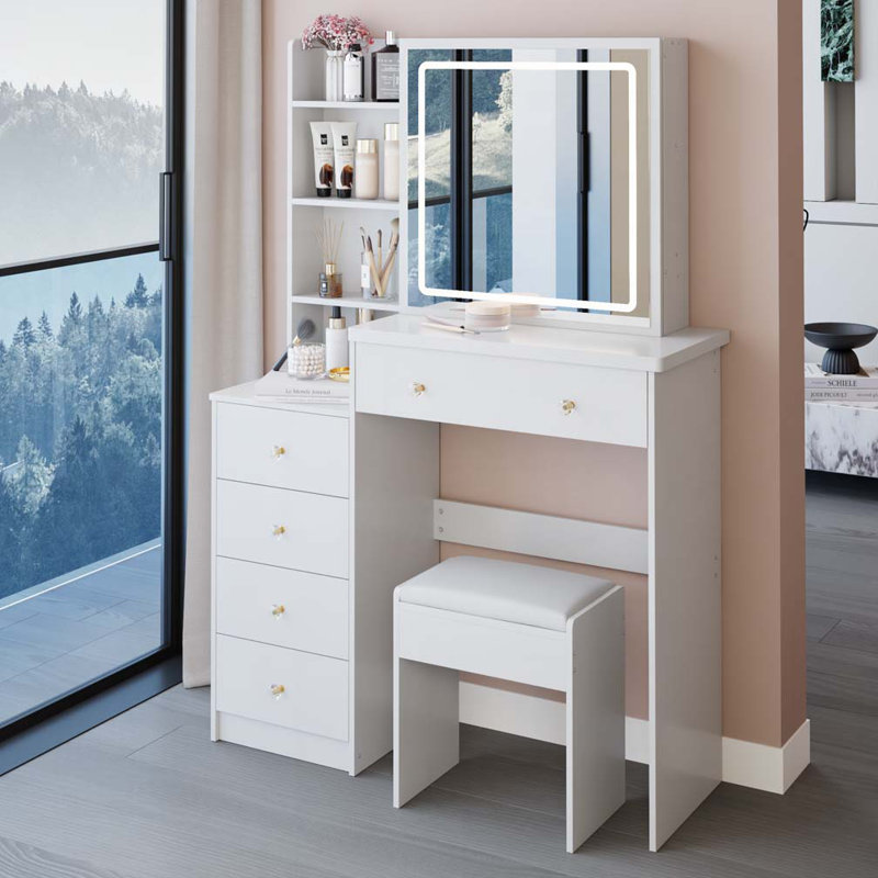 Meuble-lavabo de 37 po avec tabouret de chevet de taille moyenne 37 po + tabouret rembourré, grande commande tactile, interrupteur tricolore, miroir à luminosité réglable, rangement à grande capacité, convient aux espaces moyens