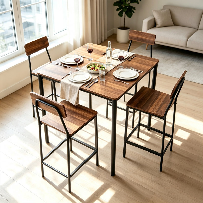 Ensemble de table de bar 5 pièces, table de pub carrée et 4 tabourets de bar à rebords arrondis, noyer et meubles de salle à manger à hauteur de comptoir noir pour le salon, la cuisine et la salle à manger