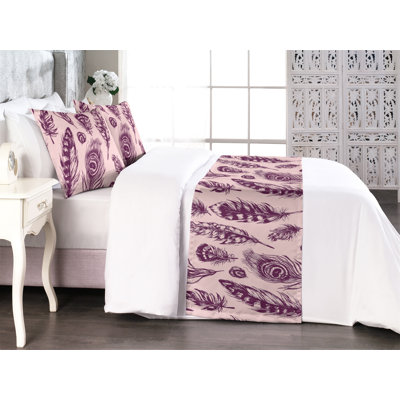 Ambesonne Bohemian Bed Runner Set Sketch Pattern Feathers Plum and Blush