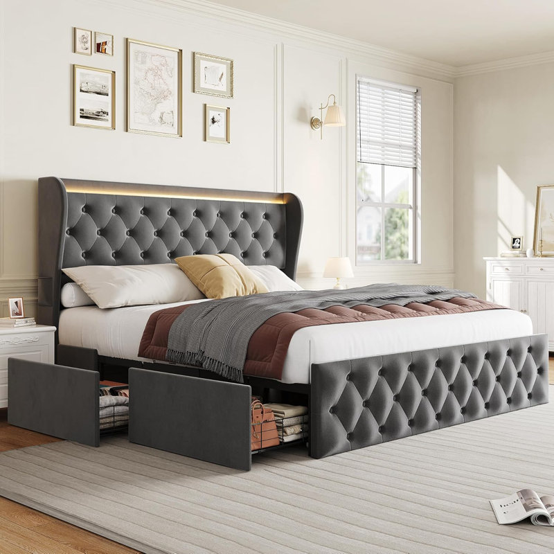 LED Bed Frame With Charging Station And 4 Storage Drawers, Velvet Upholstered Platform Bed Frame With Wingback Headboard, Button Tufted/No Box Spring Needed/Grey