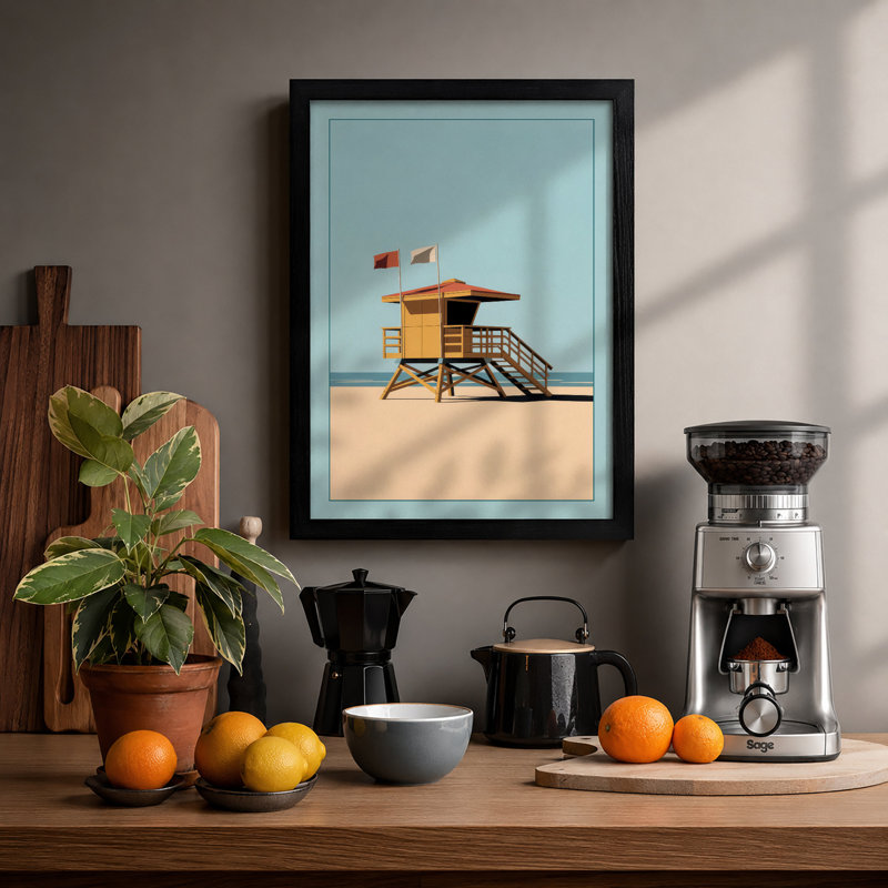 Lifeguard Tower Coastal - Framed Print, A2 - 59.4 x 42.0 cm, Black