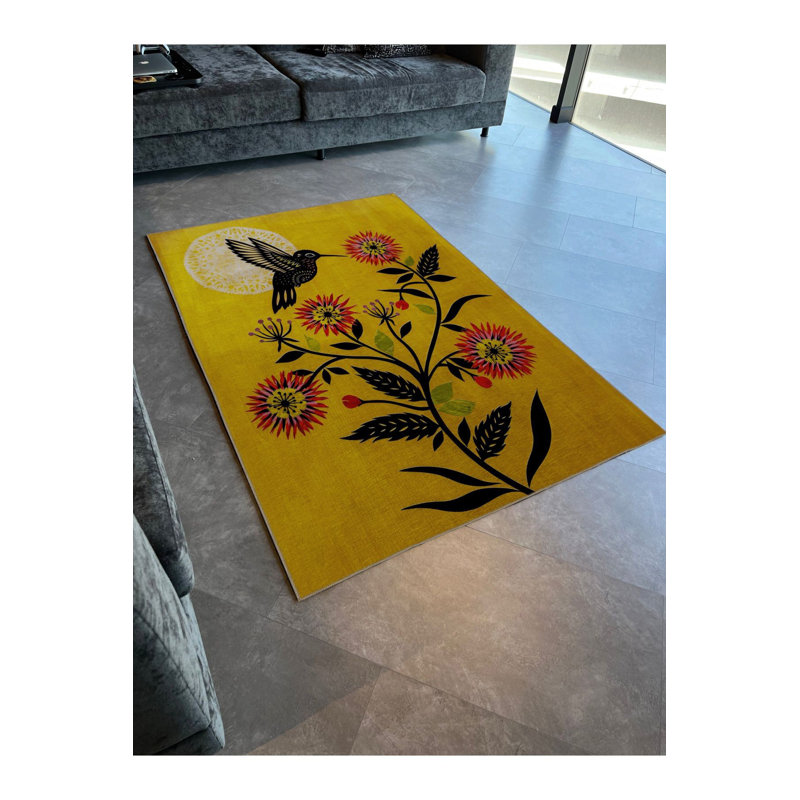 Tapis jaune lavable à motif floral jaune, Sous-tapis rectangulaire de 3 pi 3 po x 4 pi 11 po