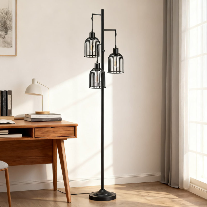 Modern 3-Light Tree Floor Lamp With Stepless Dimmer, Hanging Lampshades And Included Bulbs, Tall Standing Pole Light For Living Room, Bedroom, And Office