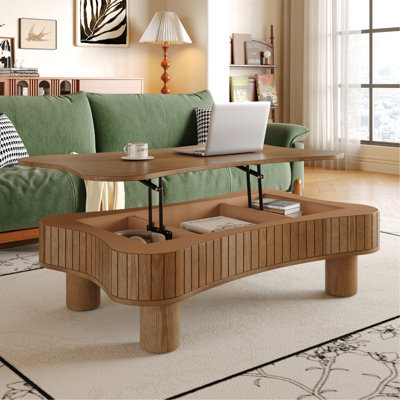 Table basse de 107 cm avec fonction de levage, trois espaces de rangement dissimulés, mécanisme hydraulique silencieux, coins arrondis, montage en 5 minutes, plateau naturel antique pour petits espaces, panneau de rangement long et cannelé.