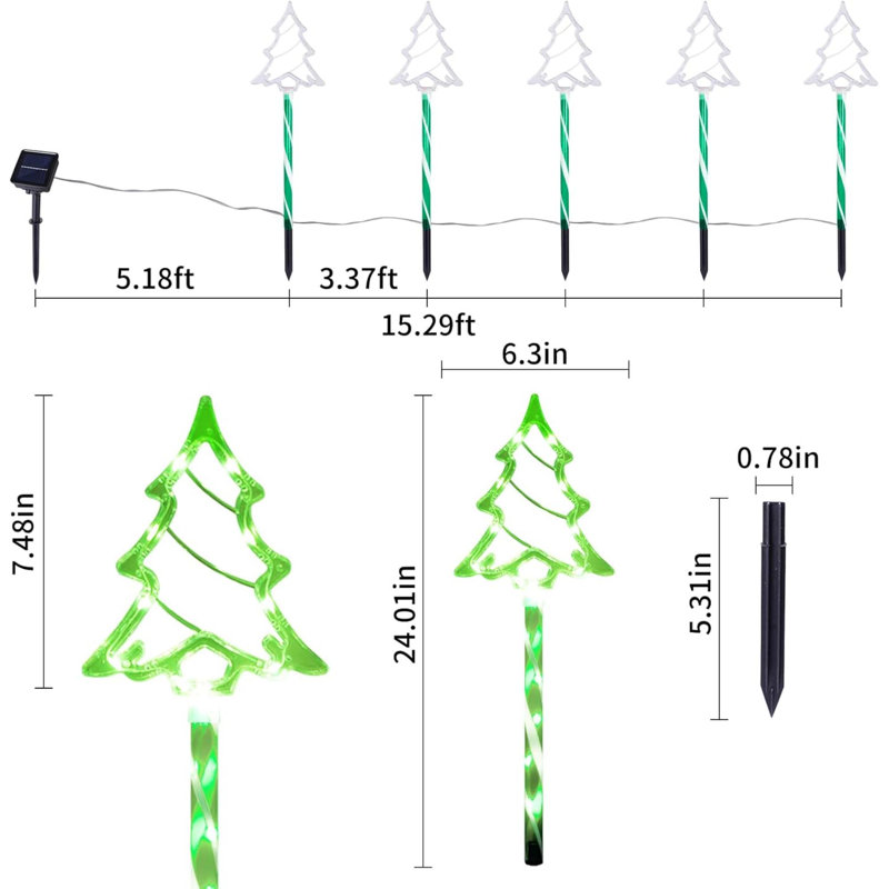 Ensemble de 5 lumières de sentier de Noël décoratives pour l'extérieur, 8 modes, lumières d'arbre de Noël, bonbons, piquets de jardin, étanches