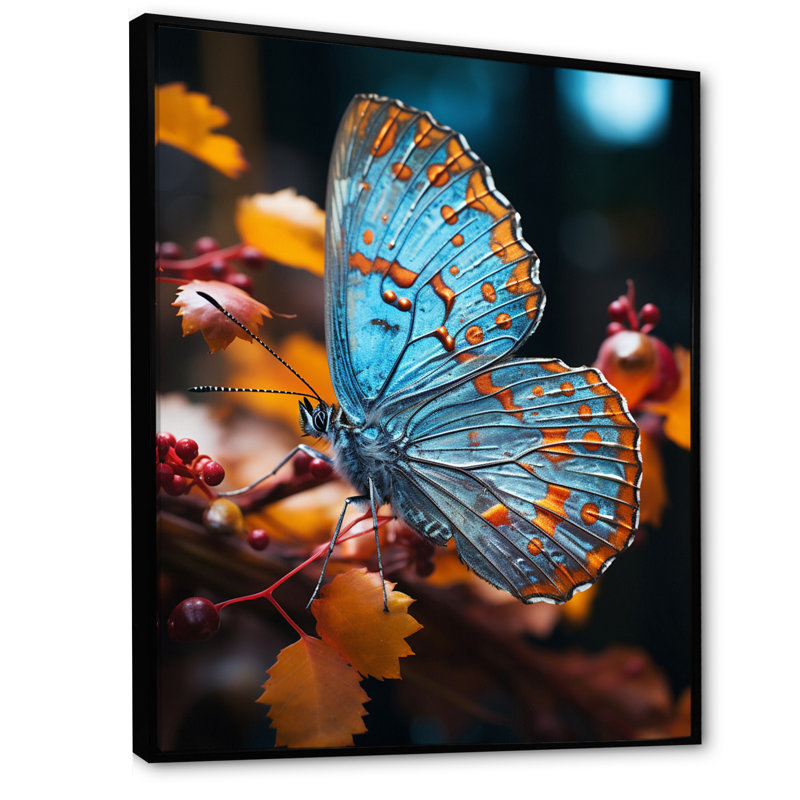 Imprimé papillon turquoise - jaune, Cadre flottant noir, H 32 po x l 24 po x P 1 po