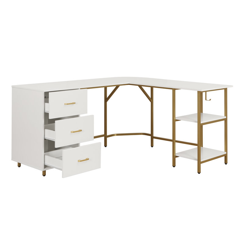 Techni Mobili L-Shape Home Office Two-Tone Desk With Storage, White/Gold