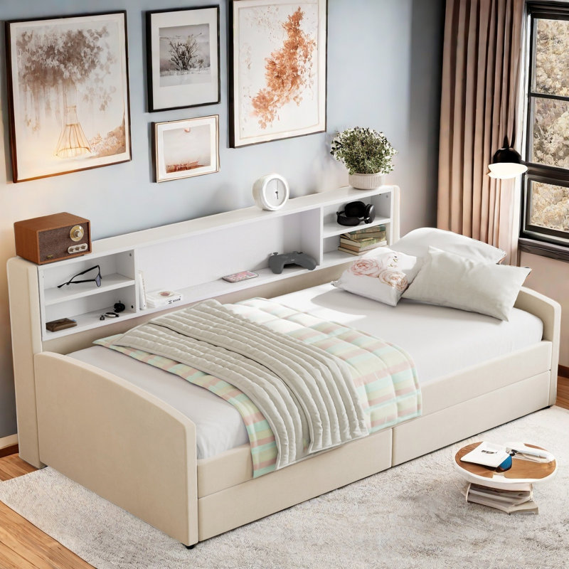 Dunbabin Velvet Upholstered Platform Bed with Storage Shelves and 2 Drawers, Beige