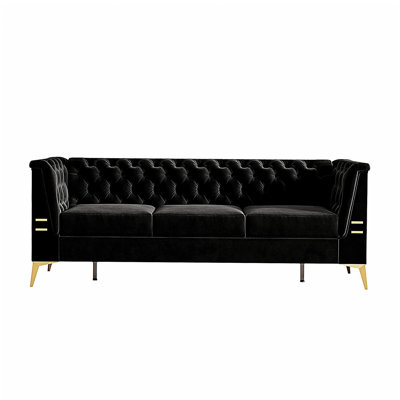 (Canapé sans oreillers) Luxueux canapé en velours noir avec pieds dorés - design Chesterfield moderne, revêtement capitonné, canapé 3 places pour le salon et le bureau