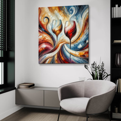 «Deux verres de vin abstrait» par Rey Klimt, art mural en verre acrylique, 24 po x 24 po