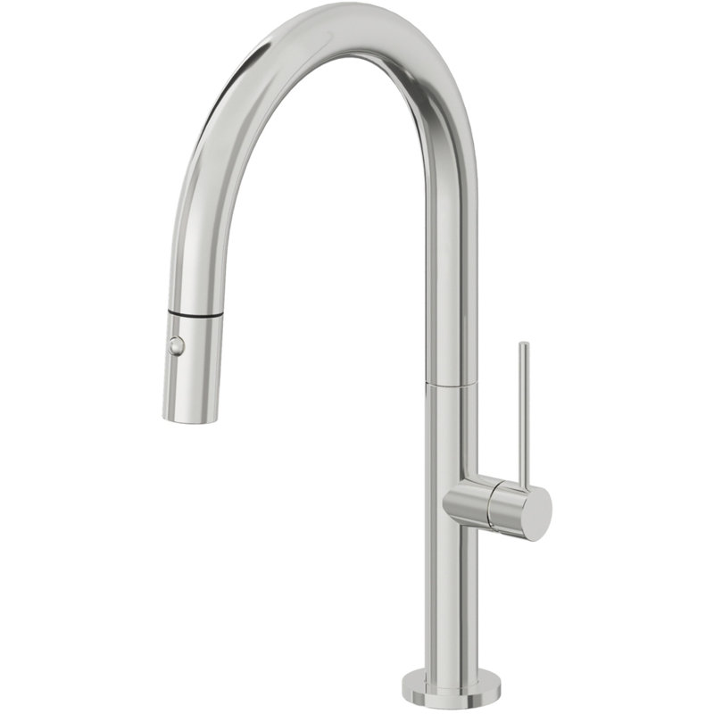 Poetto Pull Down Kitchen Faucet With Button Sprayer Low Arc Spout, Polished Chrome