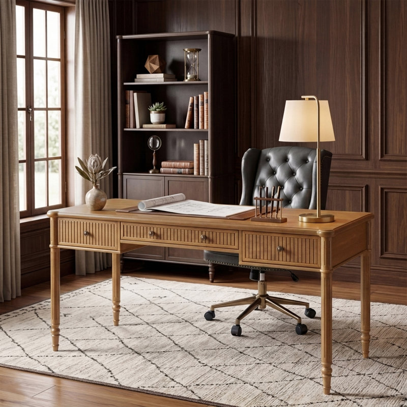 Hoai 60''W Transitional Fluted Simple Assembly Desk with Charging Station and Cable Management, Teak