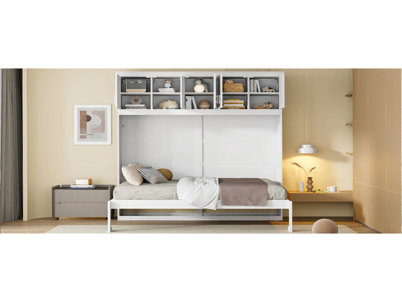 Lit escamotable mural avec armoires supérieures Murphy, Lit double, Blanc