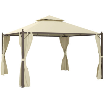10' X 12' Steel Outdoor Patio Gazebo With Polyester Privacy Curtains, Two-Tier Roof For Air, Large Design
