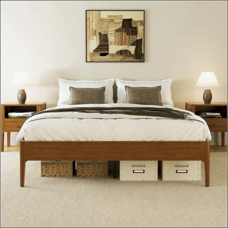 Structure de lit plateforme en bois de bambou massif et solide, avec support en lattes de bois, style moderne et minimaliste, aucun sommier tapissier requis, assemblage facile