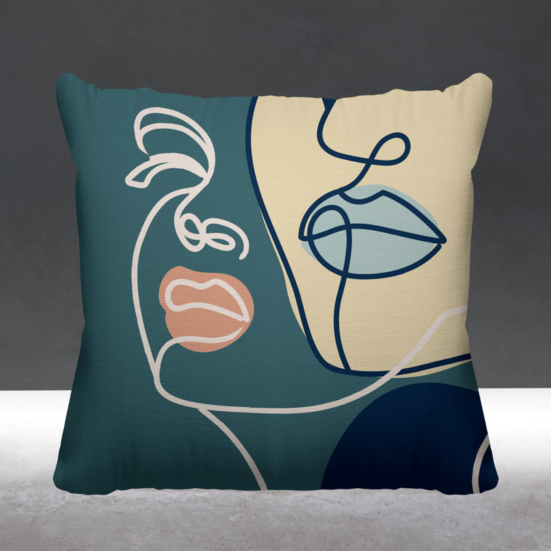 Coussin décoratif intérieur / extérieur Conte Minimalist Line Face, L 15 po x H 15 po, Émeraude