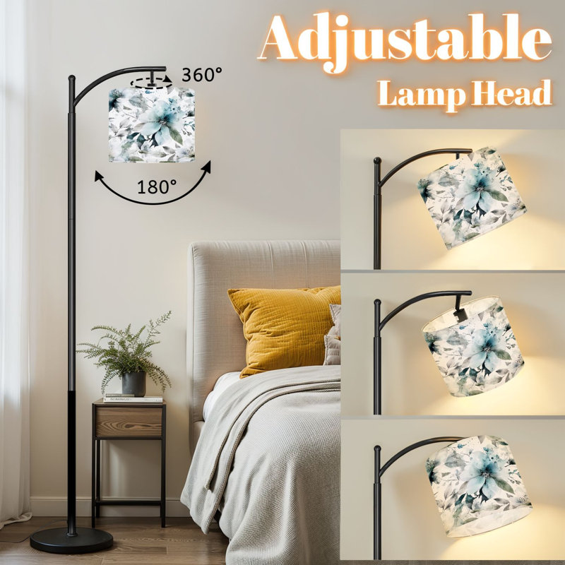 Lampe sur pied à arc avec abat-jour réglable, aquarelle délicate, floral, bleu, vert, lampe sur pied, 3 températures de couleur, intensité variable, grand pôle avec interrupteur au pied pour la chambre à coucher
