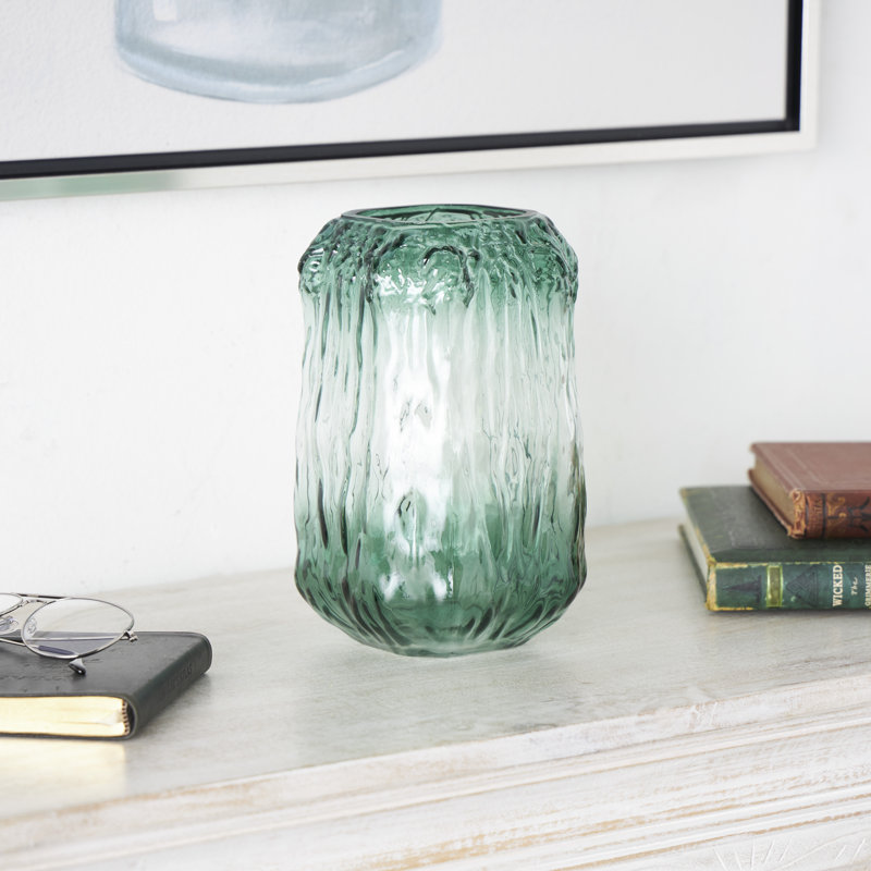 Emelen Glass Handmade Dimensional Textured Rectangular Ombre Decorative Vase, Green