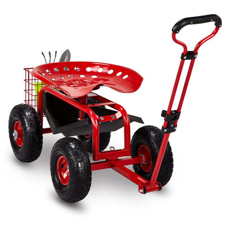 Siège de travail de jardin roulant avec roues, scooter de jardin avec siège pivotant à 360 degrés et poignée extensible et plateau à outils, tabouret de jardinage pour la plantation, rouge