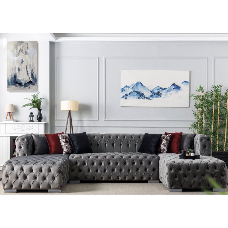 Verble 126" Wide Symmetrical Sofa & Chaise, Gray Velvet, Gray
