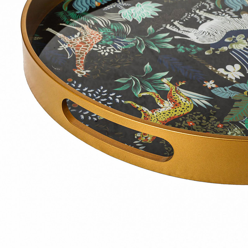 Akasya 2 piece Glass Decoration Tray for Living Room Decor, Agate Design Round Plastic Serving Tray, Gold