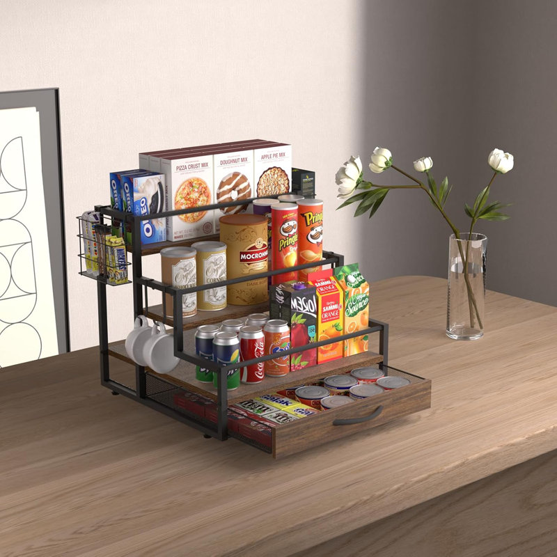 Organisateur de comptoir pour sirop de café, support en bois à 4 niveaux avec tiroir de rangement pour 36 tasses de café, tablettes de rangement à condiments pour la cuisine, la maison, le bureau, le restaurant