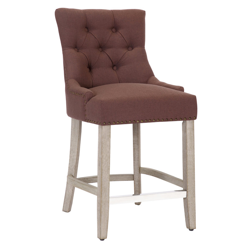 Linen Fabric Tufted Upholstered Counter Stool, Counter Stool (24” Seat Height), Brown Linen/Antique Gray Frame